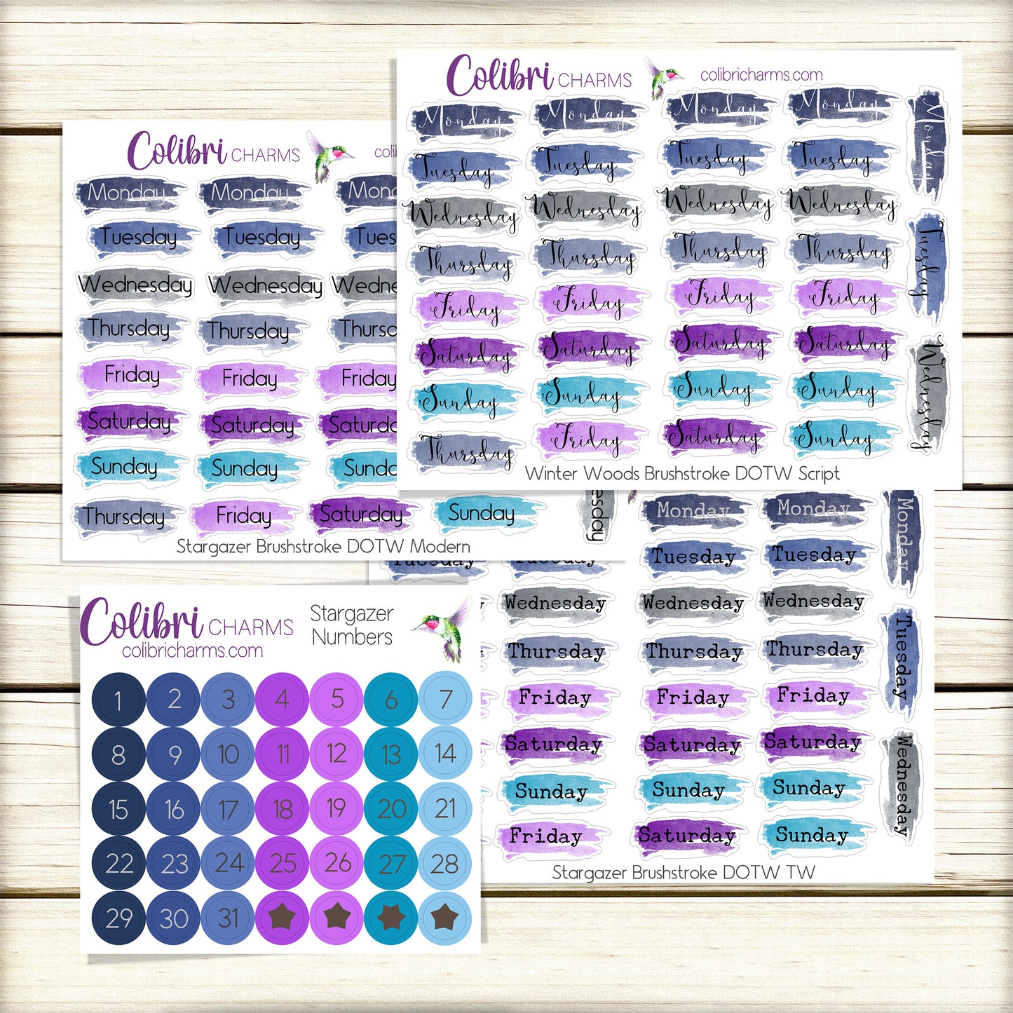 Stargazer Brushstroke Days of the Week Planner Stickers | Celestial Watercolor DOTW | Number Stickers | Date Dots