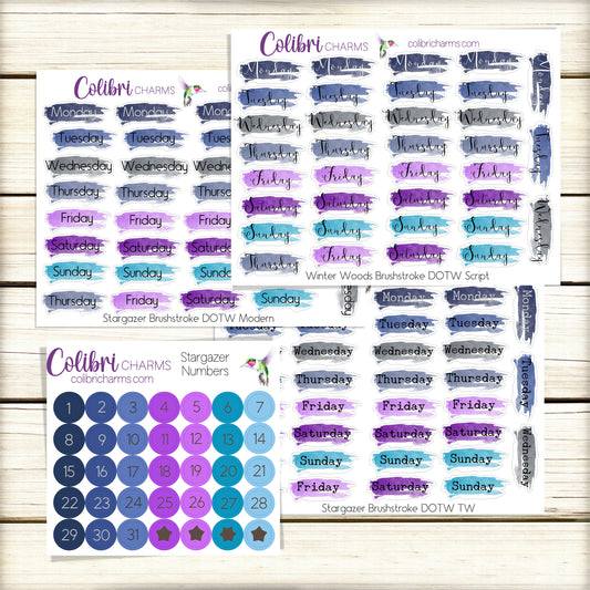 Stargazer Brushstroke Days of the Week Planner Stickers | Celestial Watercolor DOTW | Number Stickers | Date Dots