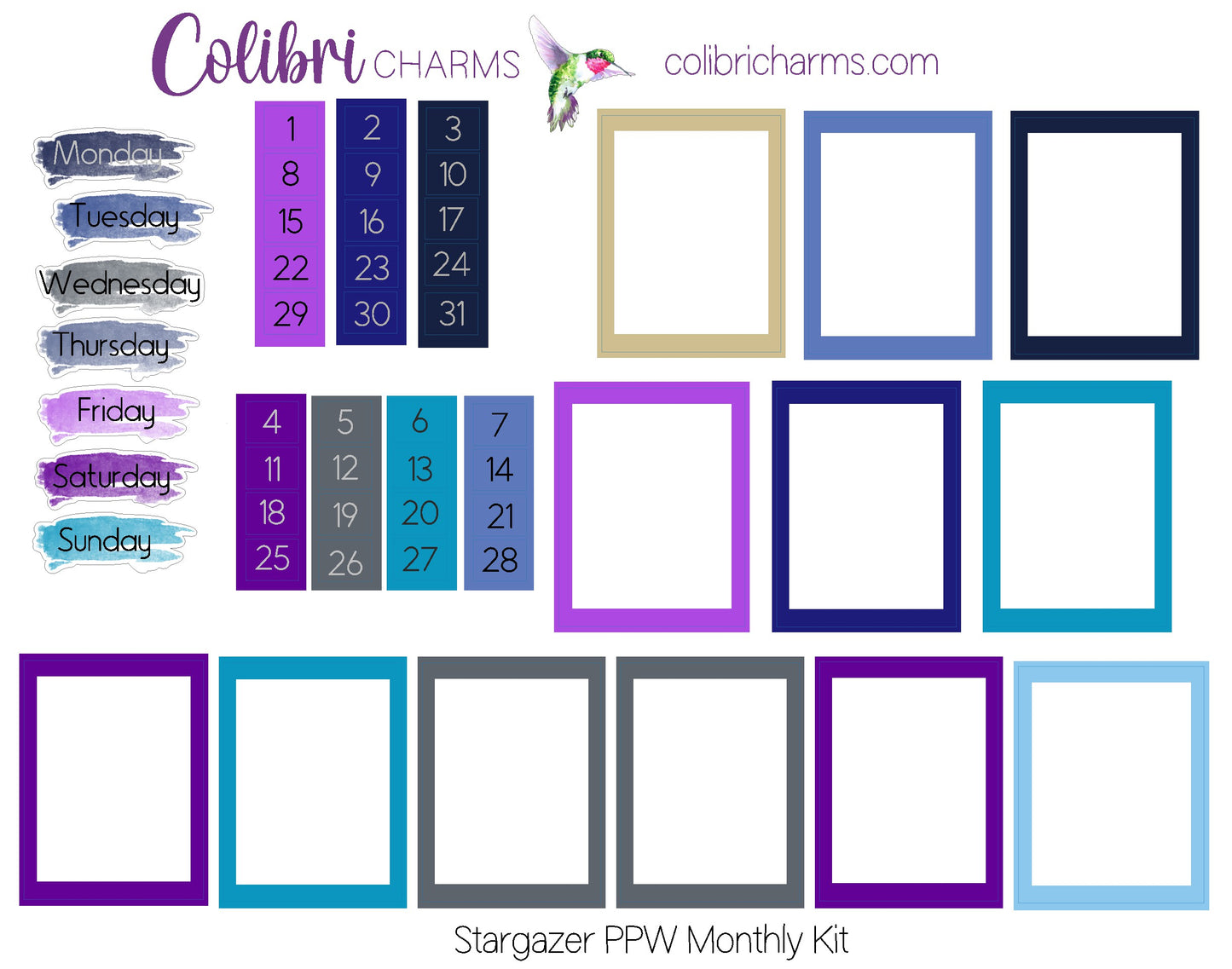 Stargazer PrintPression Weeks Monthly Planner Stickers | Celestial Watercolor DOTW | Tiny Number Stickers | Date Dots