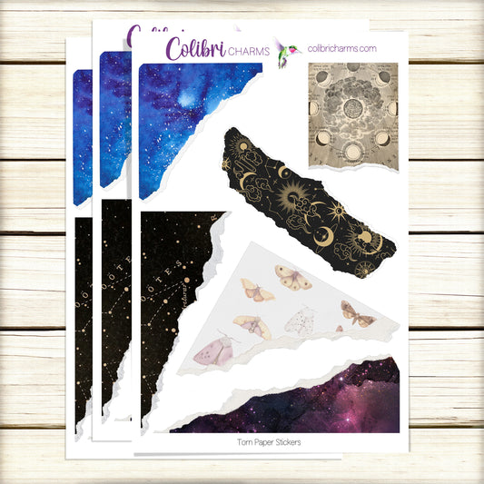 Stargazer Torn Paper Stickers | Celestial Deco Planner Stickers | Space-Themed Distressed Ripped Paper