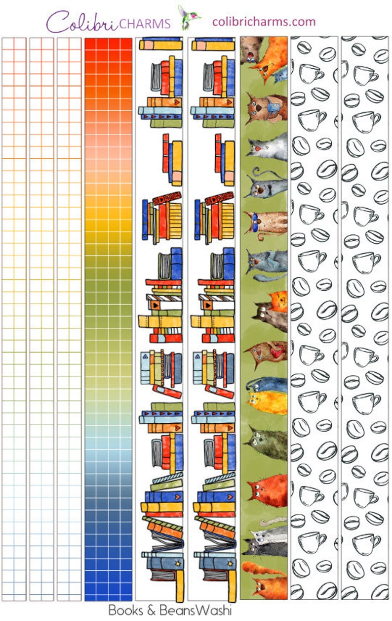 Books & Beans Washi Strip Stickers | Coffee Drinkers | Book Lovers | Cat Lover Planner Stickers | Seasonal Planner Stickers