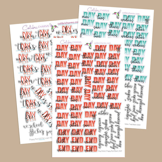 Poppy Days of the Week Planner Stickers | Red DOTW Stickers | Teal Daily Stickers | Seasonal Planner Stickersr