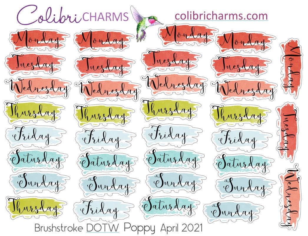 Brushstroke Days of the Week Planner Sticker in Poppy | Watercolor DOTW Stickers | Script Daily Stickers | Date Dots | Date Stickers