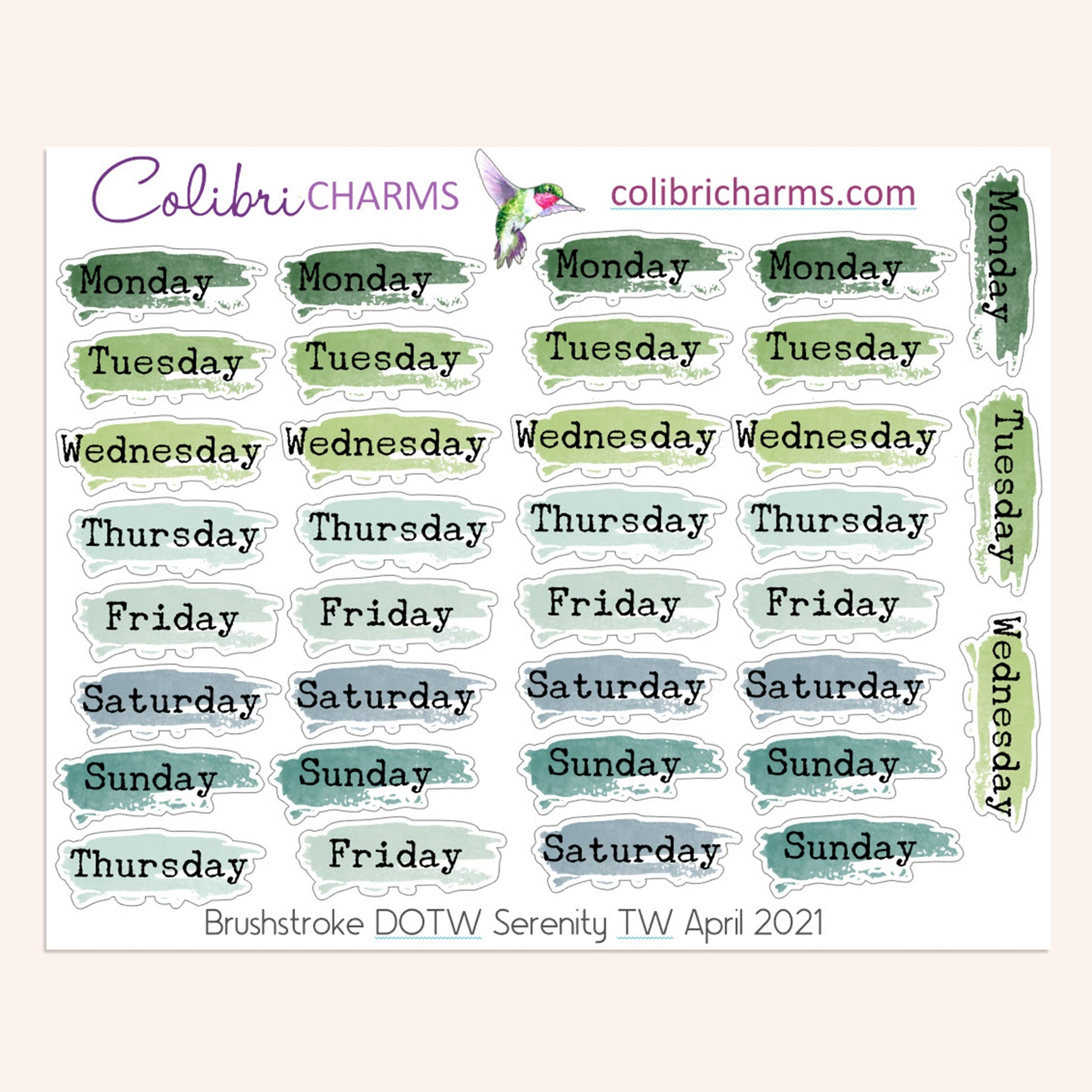 Gardening Days of the Week Planner Stickers, Green DOTW Stickers