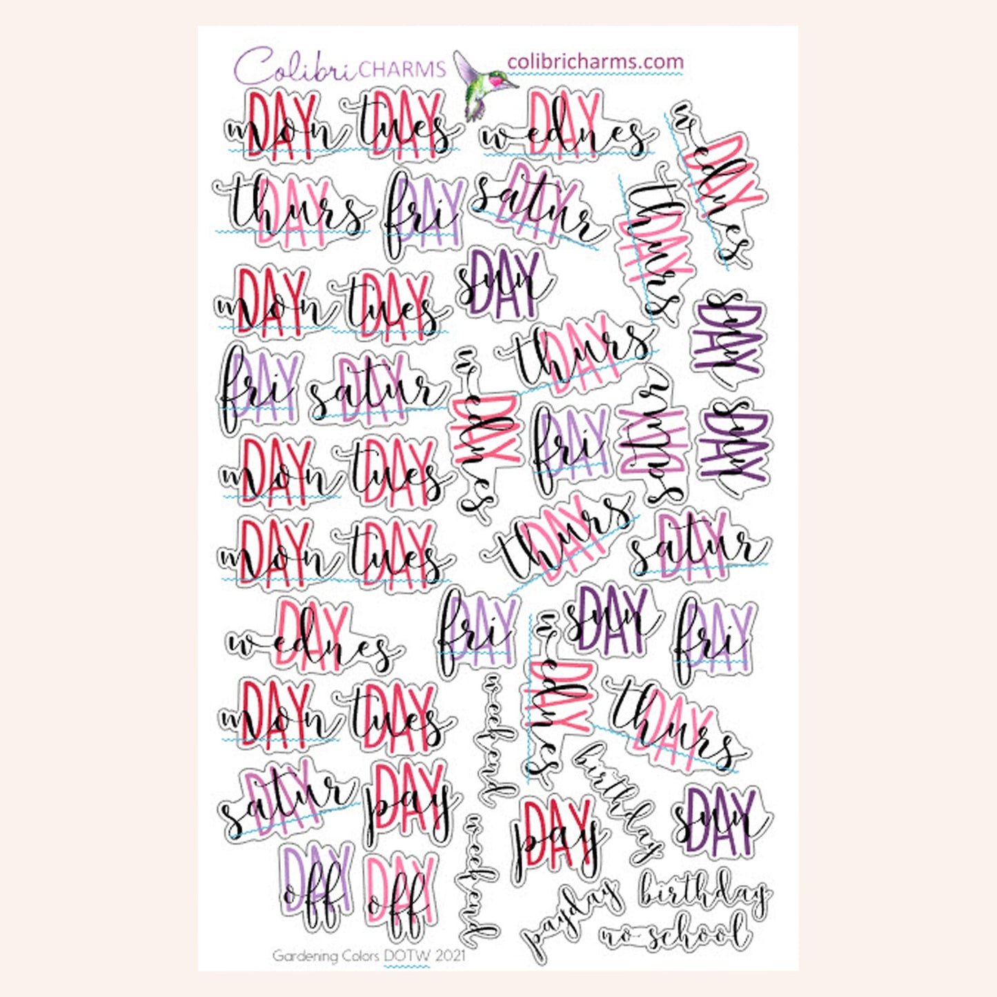 Gardening Days of the Week Planner Stickers | Green DOTW Stickers | Pink and Purple Day Stickers | Seasonal Planner Stickers