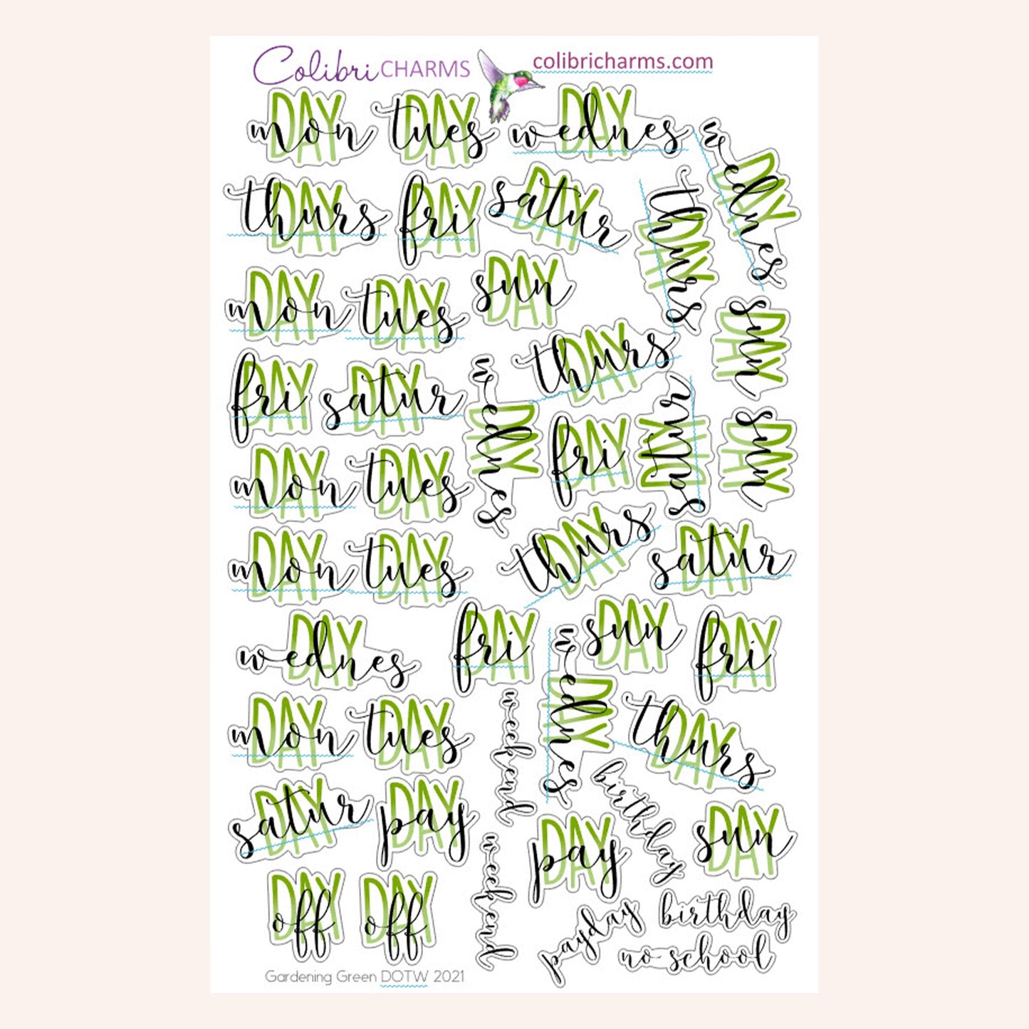 Gardening Days of the Week Planner Stickers | Green DOTW Stickers | Pink and Purple Day Stickers | Seasonal Planner Stickers