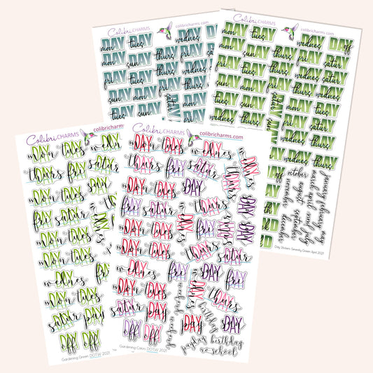 Gardening Days of the Week Planner Stickers | Green DOTW Stickers | Pink and Purple Day Stickers | Seasonal Planner Stickers