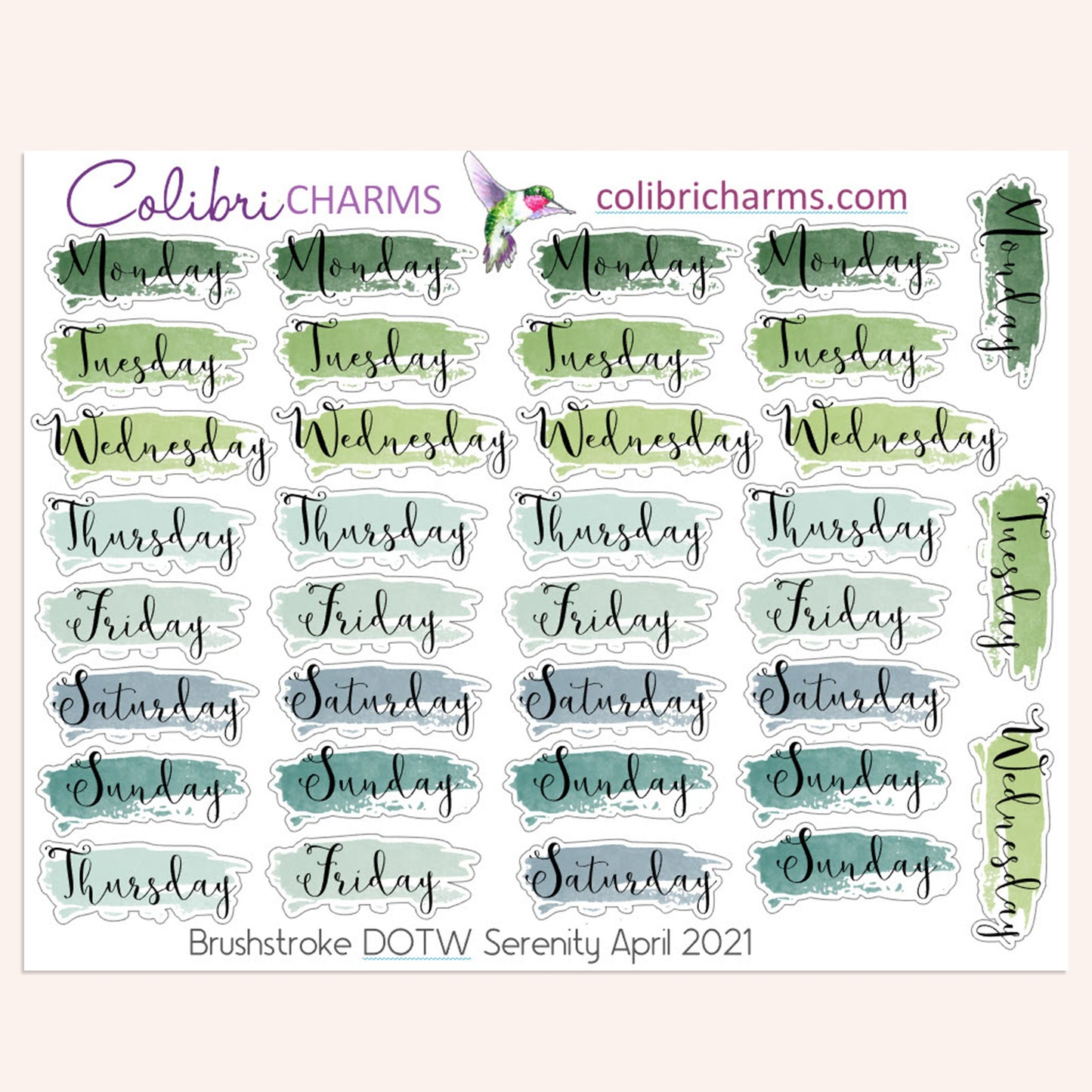 Brushstroke Days of the Week Planner Stickers in Serenity | Watercolor DOTW Stickers | Script Daily Stickers | Date Dots | Date Stickers