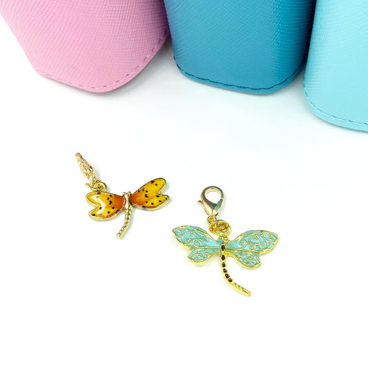 Aqua Dragonfly Charms | Enamel Dragonfly Bookmark | Orange Dragonfly Clip