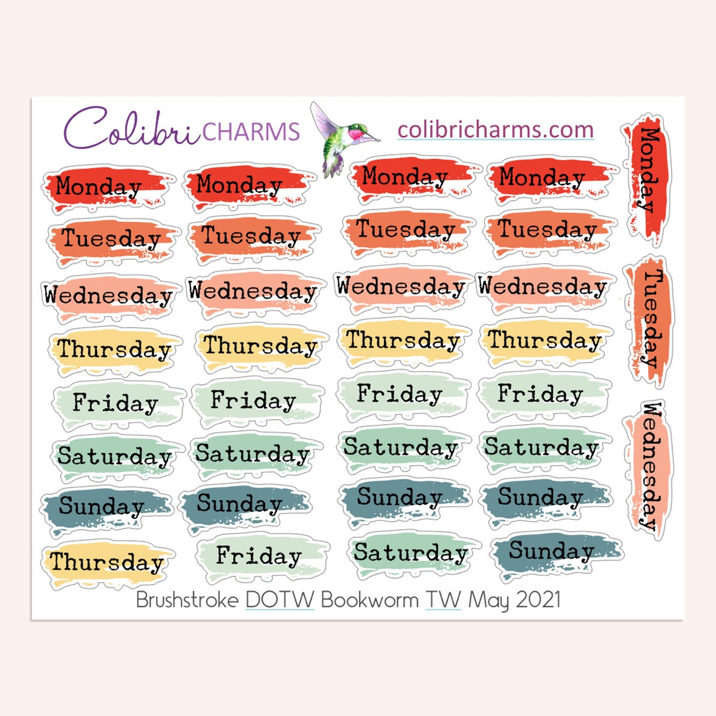 Brushstroke Days of the Week Planner Stickers in Bookworm | Watercolor DOTW Stickers | Script Daily Stickers | Date Dots | Date Stickers