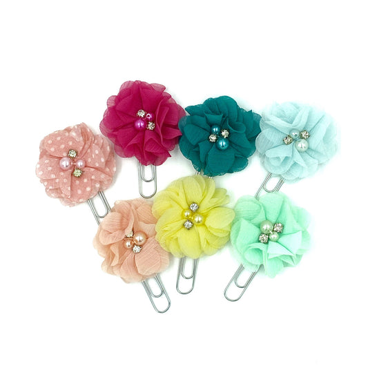Rhinestone and Pearl Floral Clips | Chiffon Flower Planner Clip | Flower Paper Clip