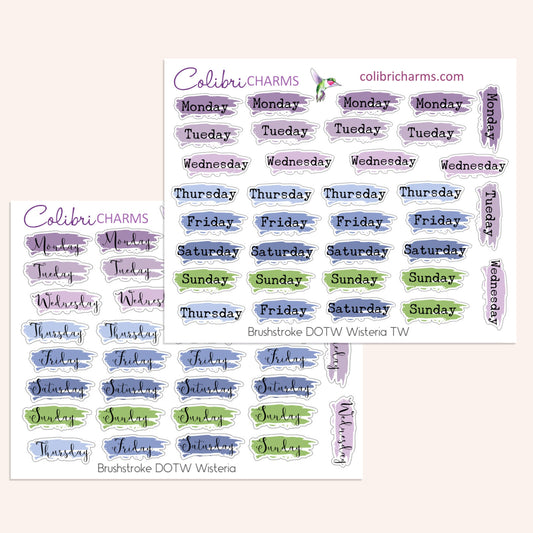 Brushstroke Days of the Week Planner Stickers in Wisteria | Watercolor DOTW Stickers | Script Daily Stickers | Date Dots | Date Stickers