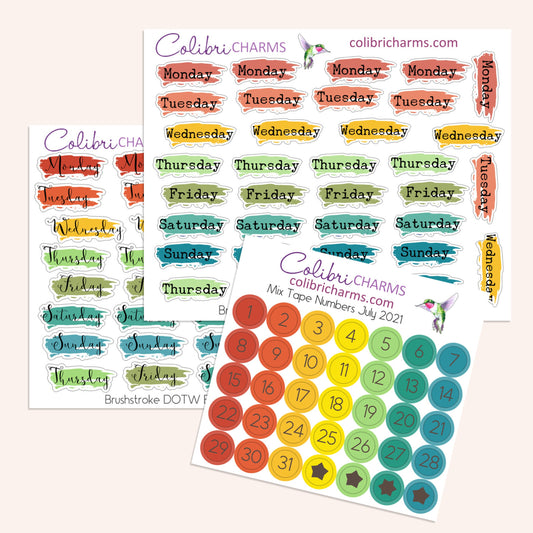 Brushstroke Days of the Week Planner Stickers in Mix Tape | Watercolor DOTW Stickers | Date Stickers | Date Dots | Date Stickers