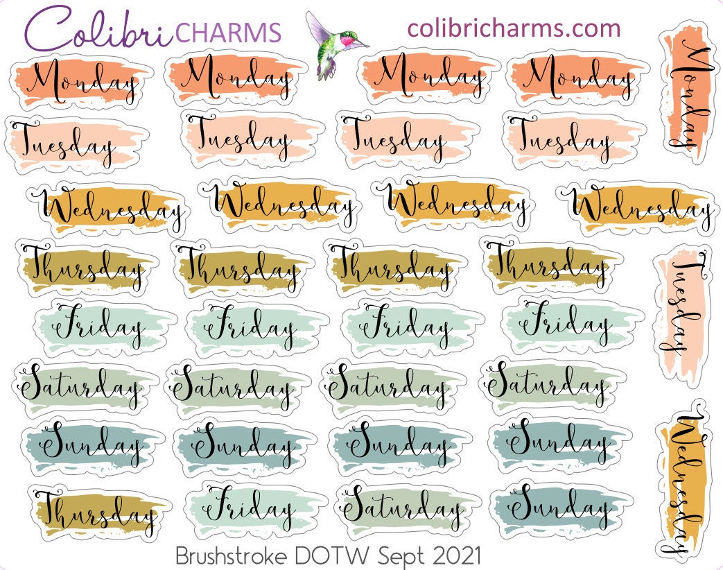 Brushstroke Days of the Week Planner Stickers September 2021 | Watercolor DOTW Stickers | Number Stickers | Date Dots | Date Stickers