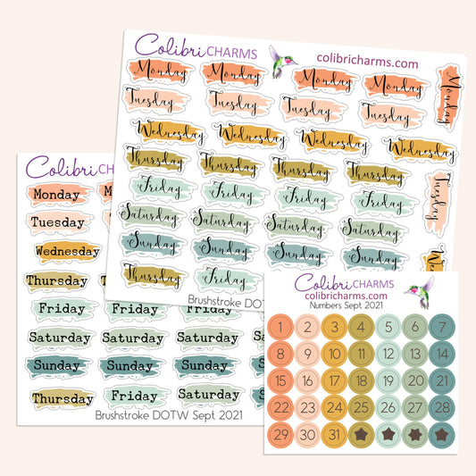 Brushstroke Days of the Week Planner Stickers September 2021 | Watercolor DOTW Stickers | Number Stickers | Date Dots | Date Stickers