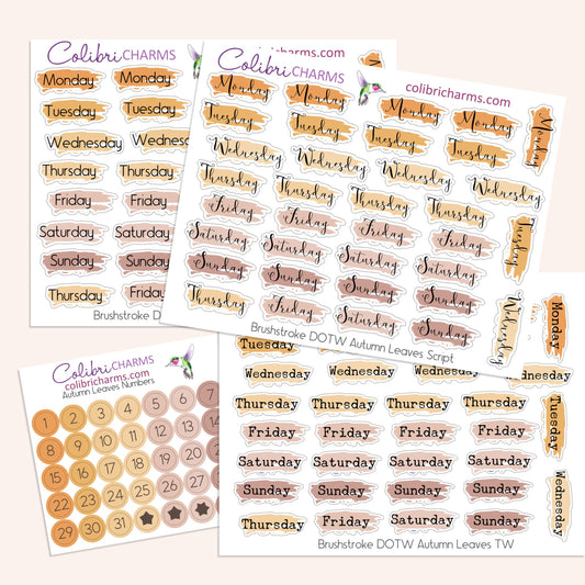 Brushstroke Days of the Week Planner Stickers Autumn Leaves | Watercolor DOTW Stickers | Number Stickers | Date Dots | Date Stickers