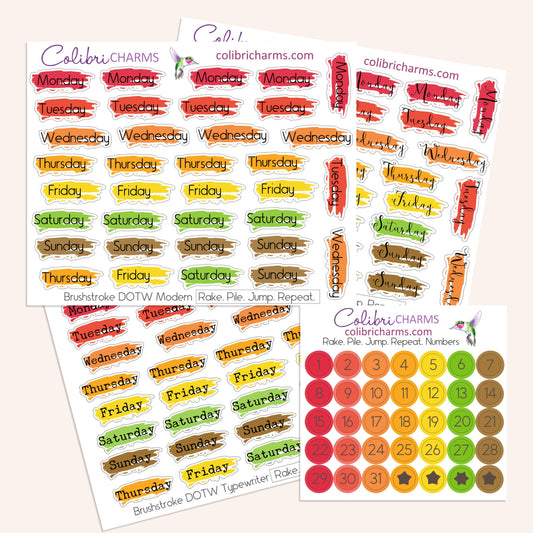 Rake. Pile. Jump. Repeat. Days of the Week Planner Stickers | Watercolor DOTW Stickers | Number Stickers | Date Dots | Date Stickers