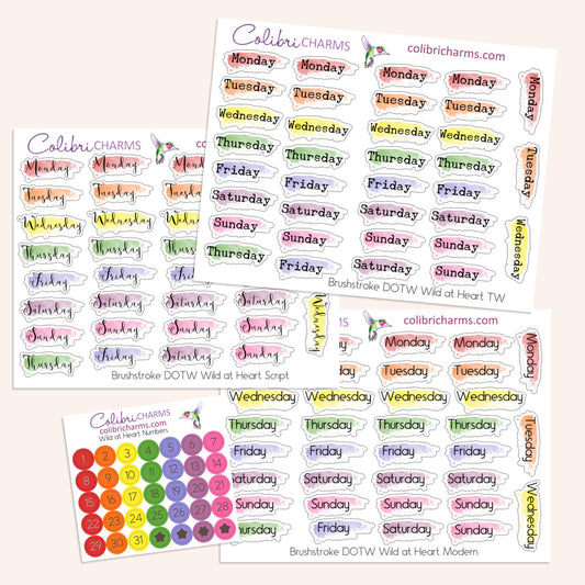 Wild at Heart Brushstroke Days of the Week Planner Stickers | Watercolor DOTW Stickers | Number Stickers | Date Dots | Date Stickers