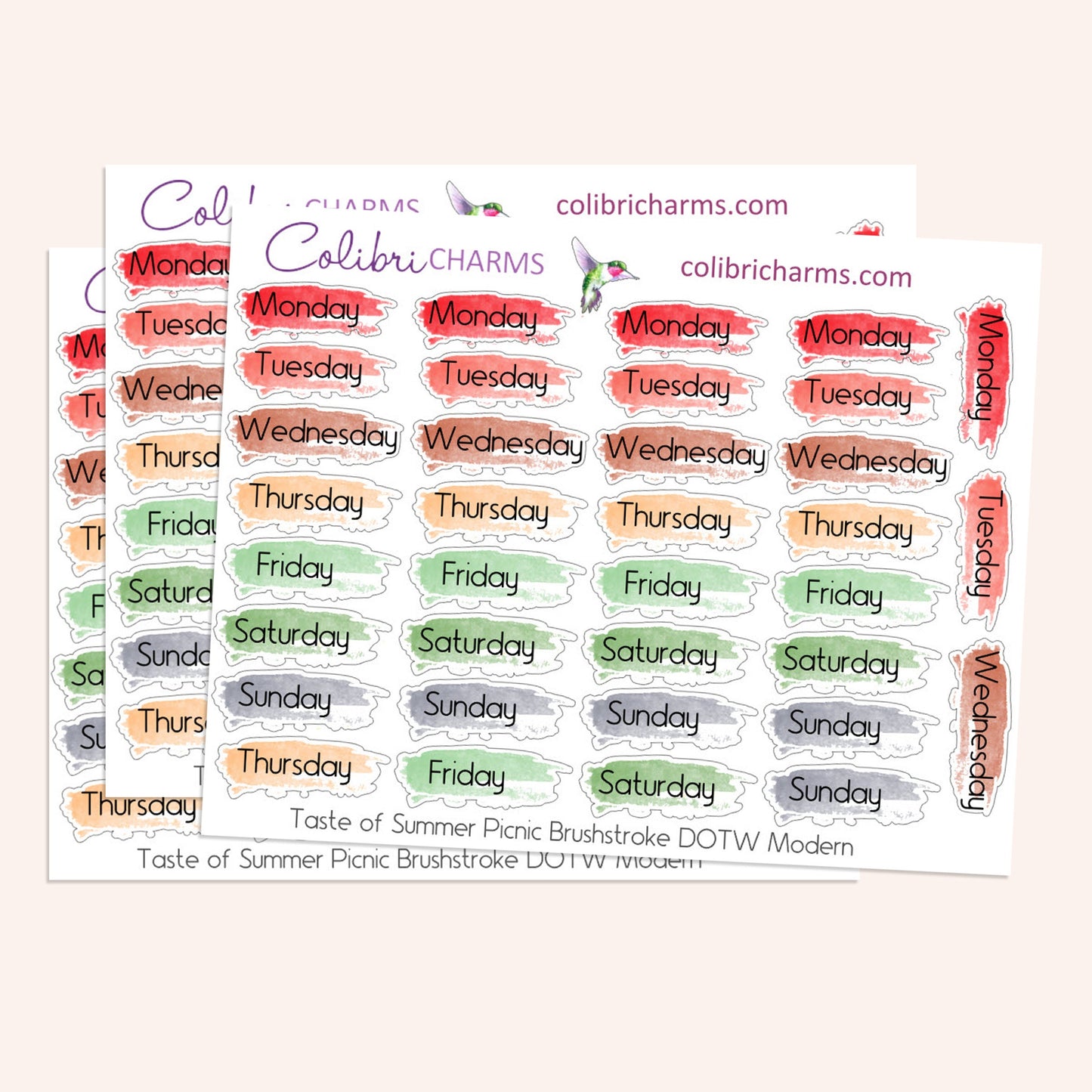 Taste of Summer Picnic Brushstroke Days of the Week Planner Stickers | Watercolor DOTW Stickers | Number Stickers | Date Dots