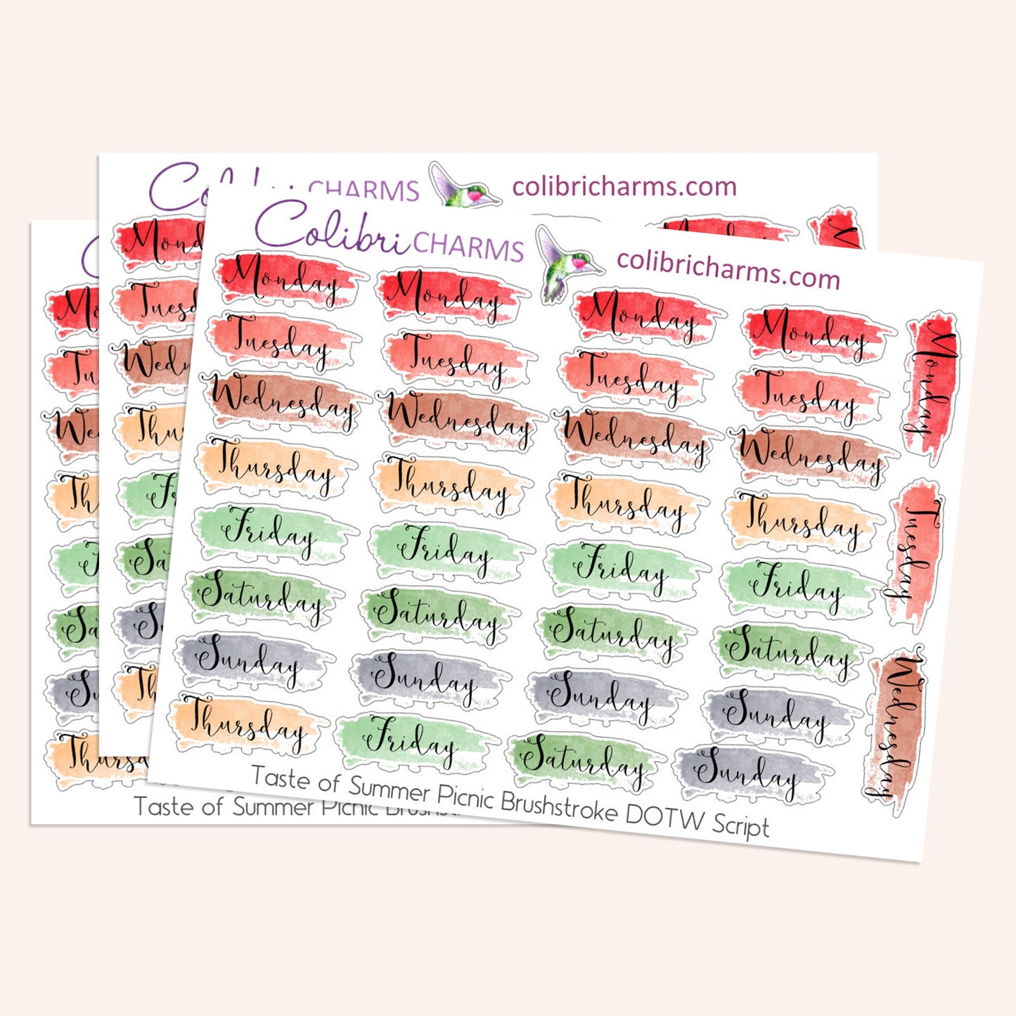 Taste of Summer Picnic Brushstroke Days of the Week Planner Stickers | Watercolor DOTW Stickers | Number Stickers | Date Dots