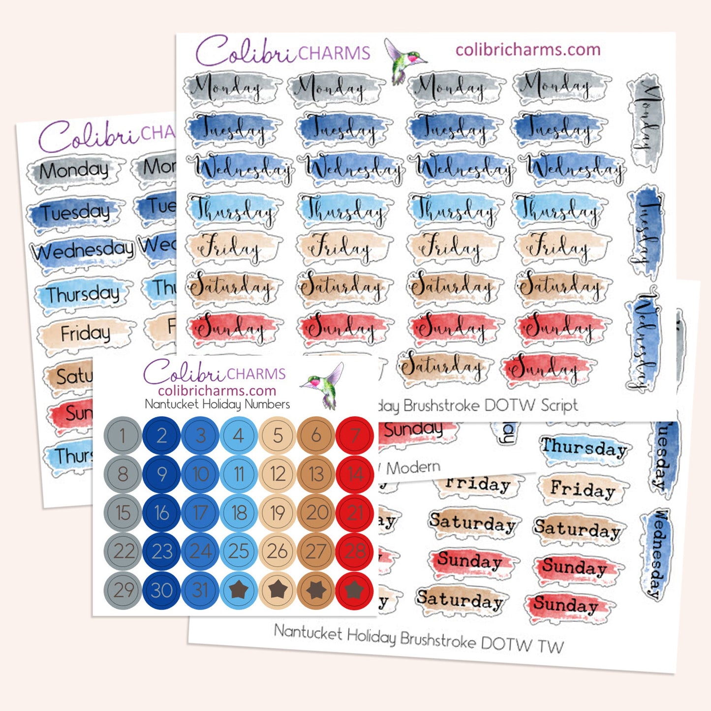 Nantucket Holiday Brushstroke Days of the Week Planner Stickers | Independence Day Watercolor DOTW | Number Stickers | Date Dots